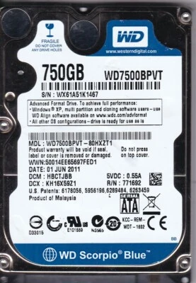 WD WD7500BPVT-80HXZT1 dcm: HCBTJBB s/n:WX61A Malaysia 2011 750GB 2.5" HDD 7701 - Image 1 of 2
