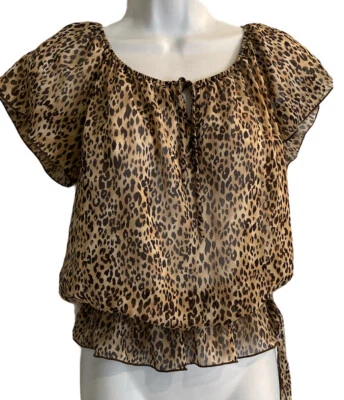Y2K Womens Sheer Brown Animal Print Blouse Size small Cinched Waist Mob Wife Top - Image 1 of 4