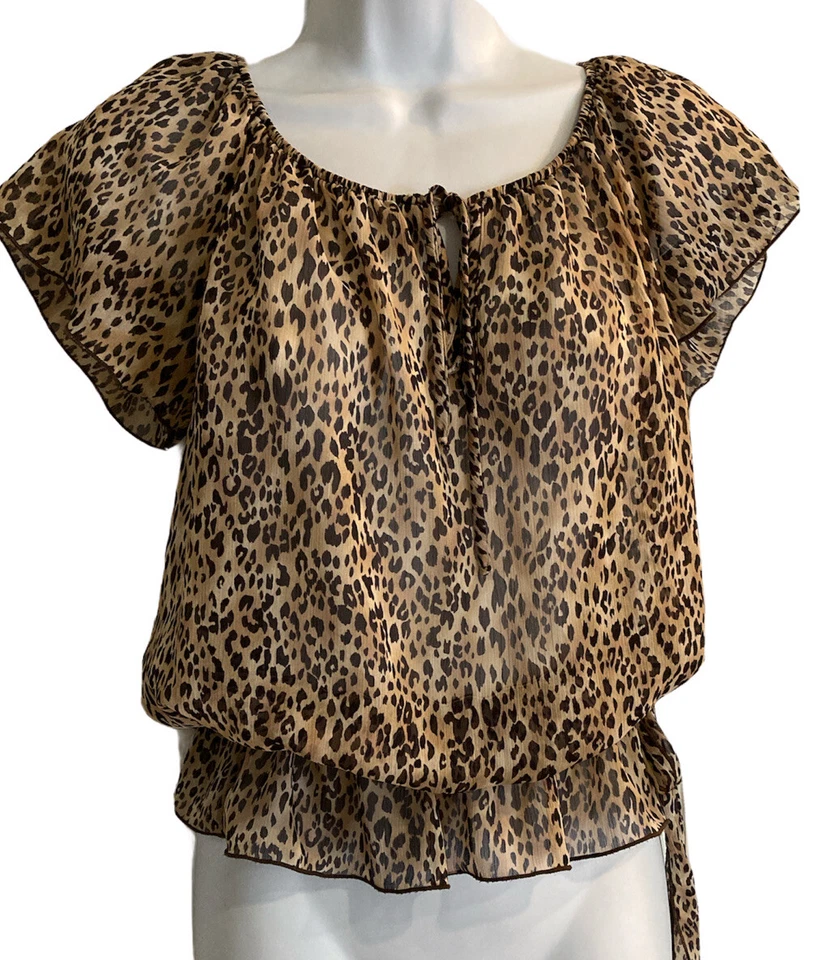 Y2K Womens Sheer Brown Animal Print Blouse Size small Cinched Waist Mob Wife Top - Image 1 of 4