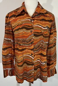 Vintage 1970s Alex Colman Dagger Collar Top Blouse Funky Orange Brown Retro Sz L - Picture 1 of 18