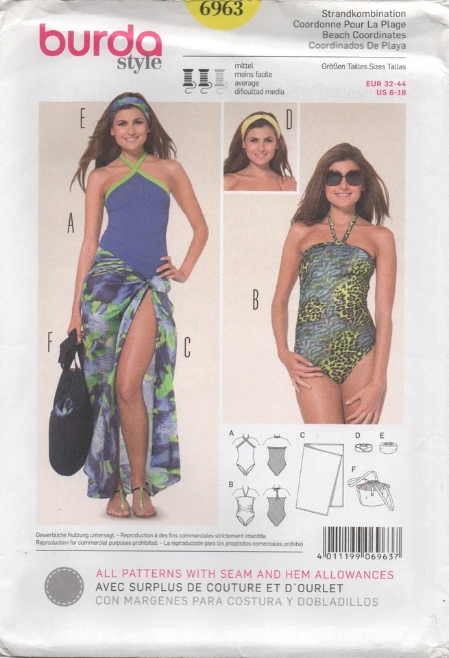 Burda Sewing Pattern 6963 Swimsuit Costume Sarong Bag Headband Size 6 - 18 NEW - Image 1 of 4