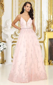 May Queen MQ2045 Corset Back Sheer Blush Floral Evening Gown - Picture 1 of 5