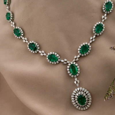 28.62 Tcw Lab Grown CVD Diamond Zambian Emerald Lariat Necklace 18k White Gold - Image 1 of 4