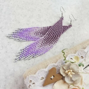 Long beaded earrings Fringe lavender lilac chandelier handmade shoulder duster  - Picture 1 of 5
