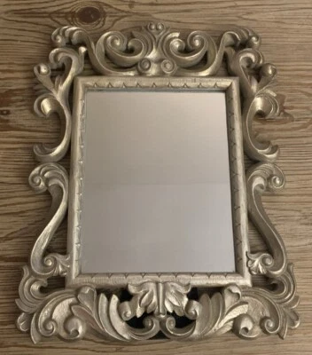 Vtg Carved Wooden Silver Leaf  Easel Dresser Table Mirror Photo Frame 16.5” Tall - Image 1 of 4