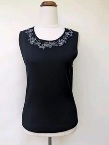 Sandra Steiner Black Ribbed Knit Sleeveless Embroidered Top Size M - Picture 1 of 8