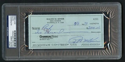 Ralph Kiner dual signed autograph auto Bank Check Baseball Hall of Fame PSA Slab - Image 1 of 2