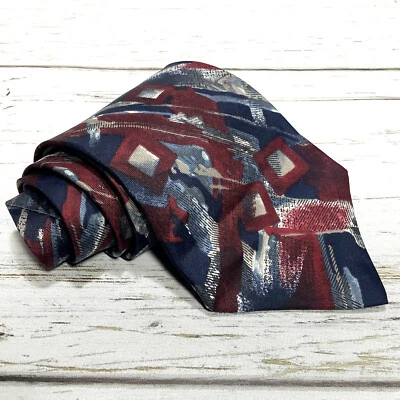 Corbata ancha abstracta Don Loper 100 % seda roja azul gris hecha en EE. UU. 3,75 W 55 L Foto 1 de 4