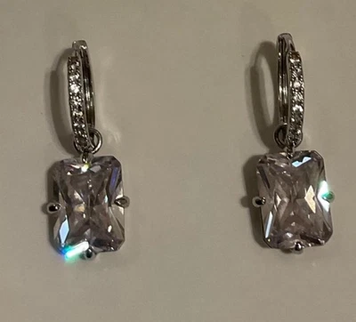Simulated Diamond Square Stone Dangle Drop Earrings Melinda Maria Silver Tone - Image 1 of 3