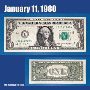 January 11, 1980 Birthday Anniversary $1 One Dollar Bill Serial Number 01111980 - Picture 1 of 2