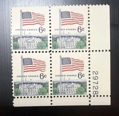 1968 US Stamp Scott#1338  Flag & White House 6c Plate Block of 4 MNH OG - Image 1 of 2