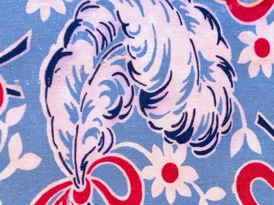 VTG FULL OPENED COTTON FABRIC FEEDSACK OSTRICH FEATHER PLUME RIBBON BOW BLUE RED - Image 1 of 4