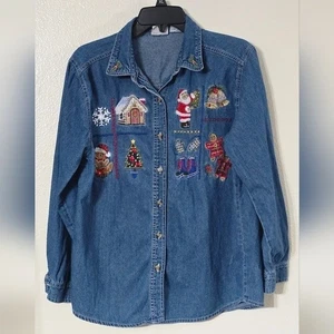 Christmas Holiday Embroidered Denim Shirt Sz M Vintage Bobbie Brooks - Picture 1 of 5