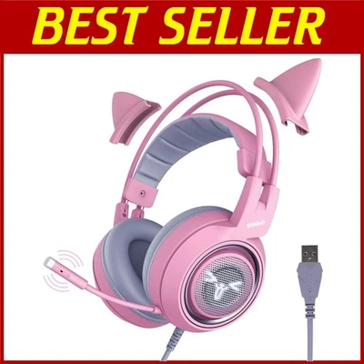 Pink Cat Ear Gaming Headset with 7.1 Surround Sound - Image 1 of 4