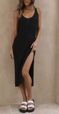 SNDYS the Label Breeze Black Knit Midi Dress Sz M AU10 Low scoop back Slit front - image 1 of 4