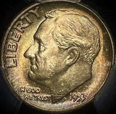 Moneda de diez centavos S Roosevelt 1955 graduación profesional MS66 tonificada Foto 1 de 3