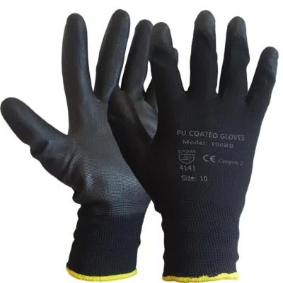 WORK GLOVES BLACK PU COATED BUILDERS MECHANIC CONSTRUCTION GRIP XL PPE