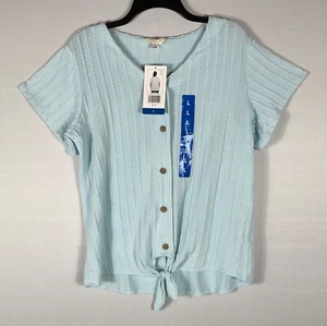 Weatherproof Vintage Sweater Womens L Lt Blue Tie Hem Button Up Short Sleeve NWT - Picture 1 of 8