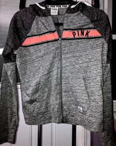 Victoria's Secret SP PINK NEON ORANGE STRIPE HEATHER GRAY Hooded Sweatshirt #TK - Picture 1 of 8