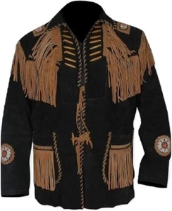 Men Western Cowboy Suede Fringe Jacket Beaded Native American Leather Jacket - Picture 1 of 3