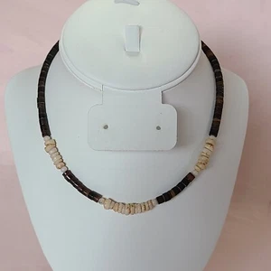Heishi Oyster Shell Chip Disc Beach Coastal Surfer Tribal Brown Choker Necklace - Picture 1 of 7