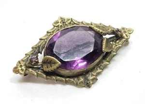 Antique Amethyst Bezel C Clasp Gilt Brass Brooch - Picture 1 of 10