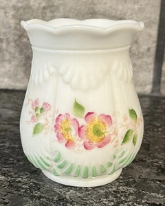 Vintage White Milk Glass Vase with Hand Painted Pink & Yellow Floral Motif - Picture 1 of 6
