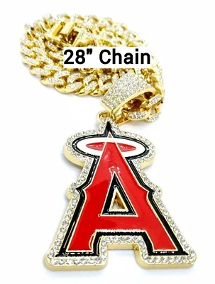 LOS ANGELES ANGELS GEM NECKLACE Gold Bling Baseball Hip Hop Pendant 28" Chain - Image 1 of 3