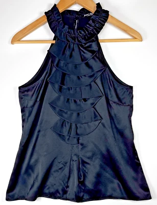 Betsey Johnson 纽约丝绸吊带上衣黑色荷叶边正面 6 码美国制造复古 — 第 1/4 张图片