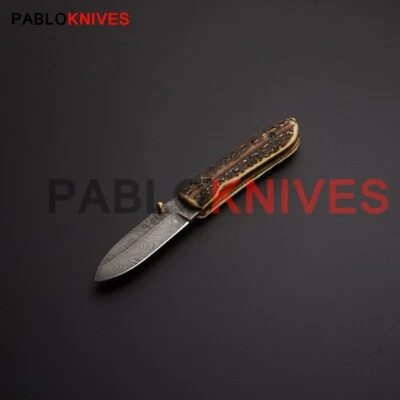 Первоклассный ручной работы из дамасской стали охоты олень рог складной, открытый, нож для выживания - Изображение 1 из 3