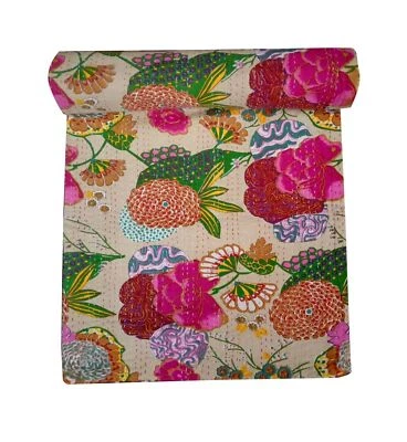 Vintage Floral Kantha Quilt Blanket Indian Bedspread Coverlet Throw Art - Image 1 of 4