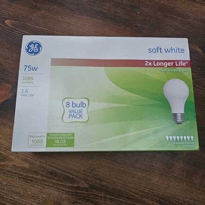GE 75 Watt 1085 Lumens Soft White Light Bulbs A19 New Set Of 8 2x Longer Life - Image 1 of 4