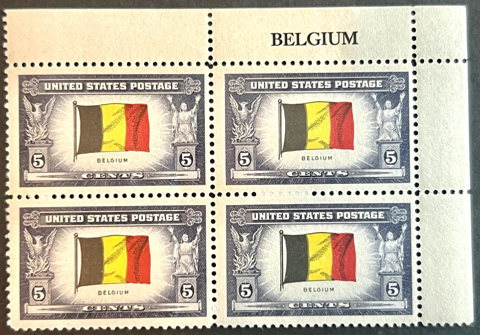 SCOTT: #914 OVERRUN COUNTRIES: FLAG OF BELGIUM 5¢ 1943 NAME BLOCK OF FOUR MNHOG - Image 1 of 1