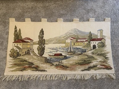 Large Vintage Gobelin Wall Tapestry Lake Village Boats Mountains 51x26 Italy  - Image 1 of 4