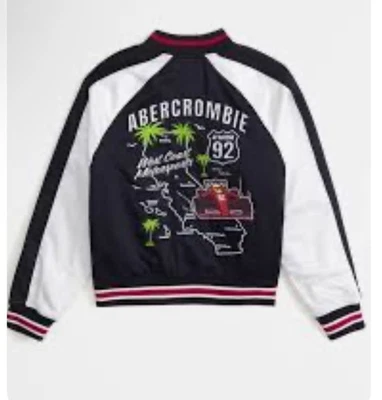 Chaqueta de bombardero universitaria Abercrombie para niños 7/8 West Coast Motorsport negra blanca* Foto 1 de 4