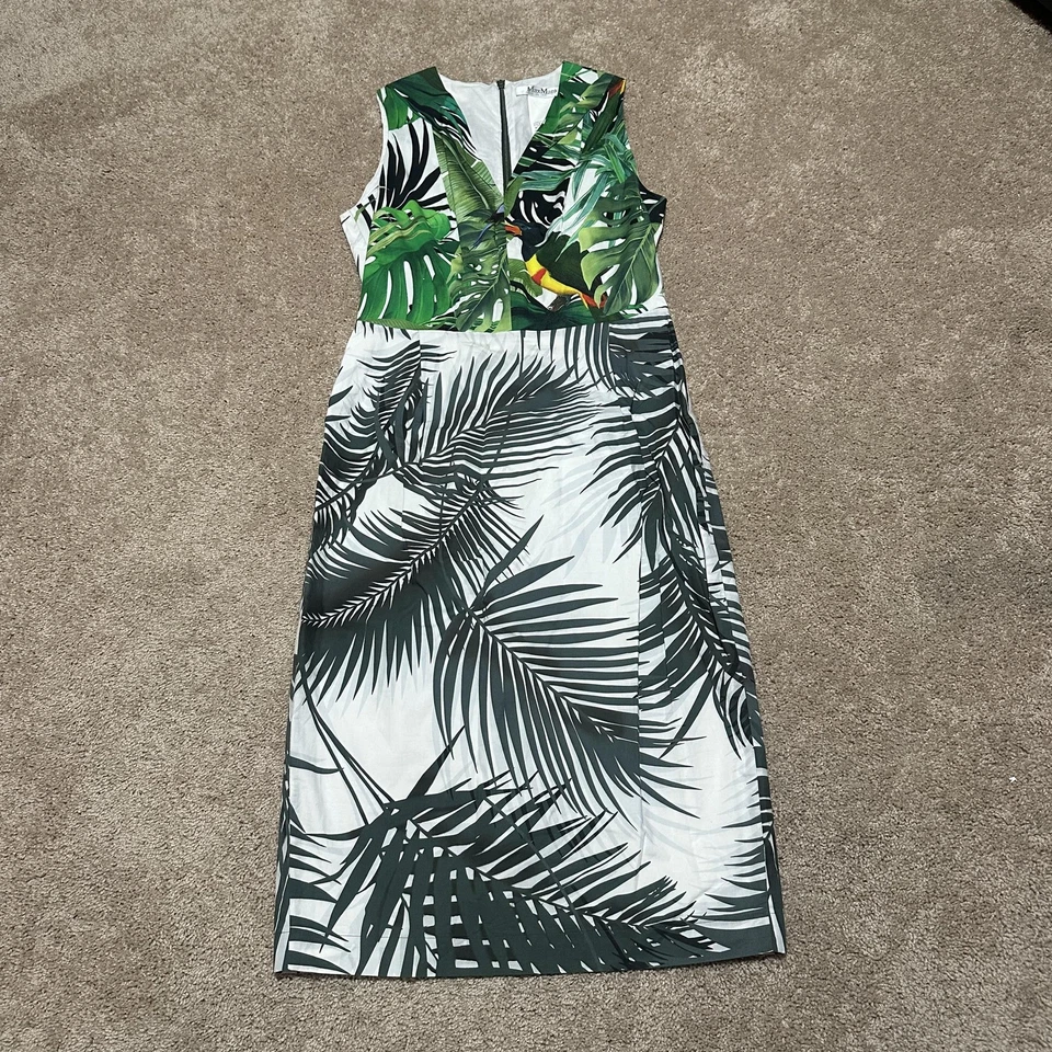 Vestido MaxMara Mujer 6 Verde Blanco Tropical Estampado Palma Funda Sin Mangas Italia Foto 1 de 4