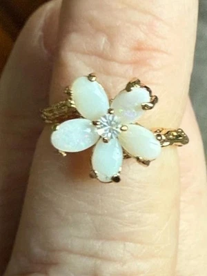 14K GE 戒指 人造棕榈和 CZ 戒指 尺寸 5.75 美丽波西米亚花卉设计 — 第 1/4 张图片