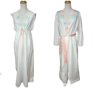 Vintage Natori Maxi Nightgown Gown & Robe Floral Appliqué Bridal Romantic Sz L - Picture 1 of 5