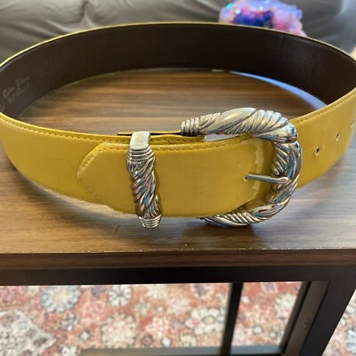 Ellen Tracy Vtg Womens Med Belt SilverYellow Italian Glazed Calf Leather 1 3/4" - Image 1 of 4