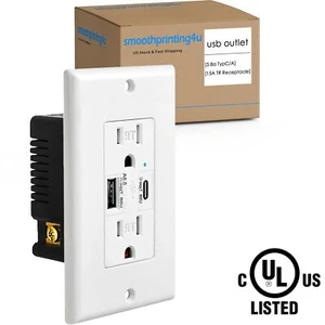 5.8A High-Speed USB Type C/A Wall Outlet Charger Socket 2 plug Duplex Receptacle - Picture 1 of 12