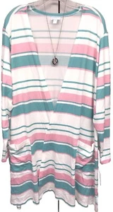 NWT LuLaRoe 2XL White Aqua & Pink Stripes Caroline Cardigan Sweater - Picture 1 of 9