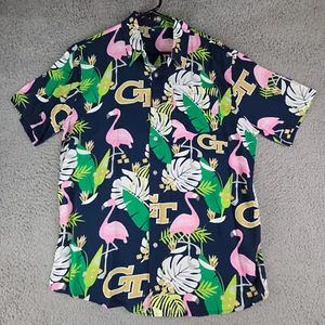 Georgia Tech Mens Medium Shirt Blue Floral Flamingo Button Up Short Sleeve EUC - Picture 1 of 17