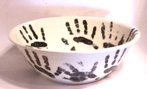Large White Studio Painted Art Pottery Bowl Real Hand Prints Artist Signed OOAK - Picture 1 of 7