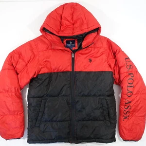 US POLO ASSN RED BLACK SMALL PUFFER HOODED JACKET MENS PREOWNED - Picture 1 of 9