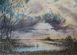 Original Painting 8x12"Artwork Watercolor Modern Landscape Nautical Art Seascape - Picture 1 of 15