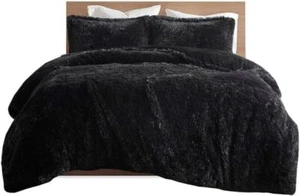 Intelligent Design Shaggy Fur Duvet Cover Set with Quilted Box Black King 3 PC - Picture 1 of 8