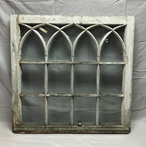 Antique Gothic Arched Glass Window Sash Shabby 34x35 Vintage Chic Old 567-23B Cover