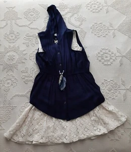 Girl's Knit Works Off White Lined Lace Easter Dress w/Navy Vest & Necklace Sz 16 - Picture 1 of 12