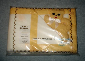 Vintage 60's Bunnytex Yellow Gingham Baby Blanket with Kitty Toy Poly/Rayon NIP - Picture 1 of 3