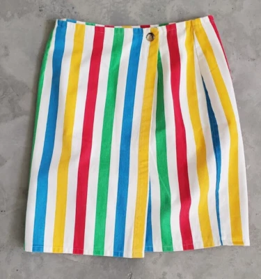 Vintage 1980s 1990s Rainbow Striped Cotton Skirt Mini Primary Denim Wrap 80s 90s - Image 1 of 4